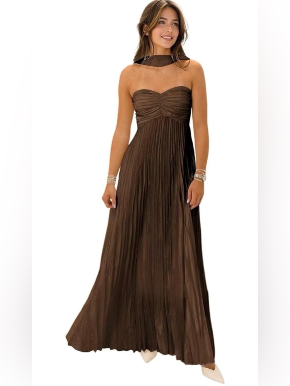 Women's Strapless Chiffon Bridesmaid with Scarf Long A-Line Pleated Formal Dress